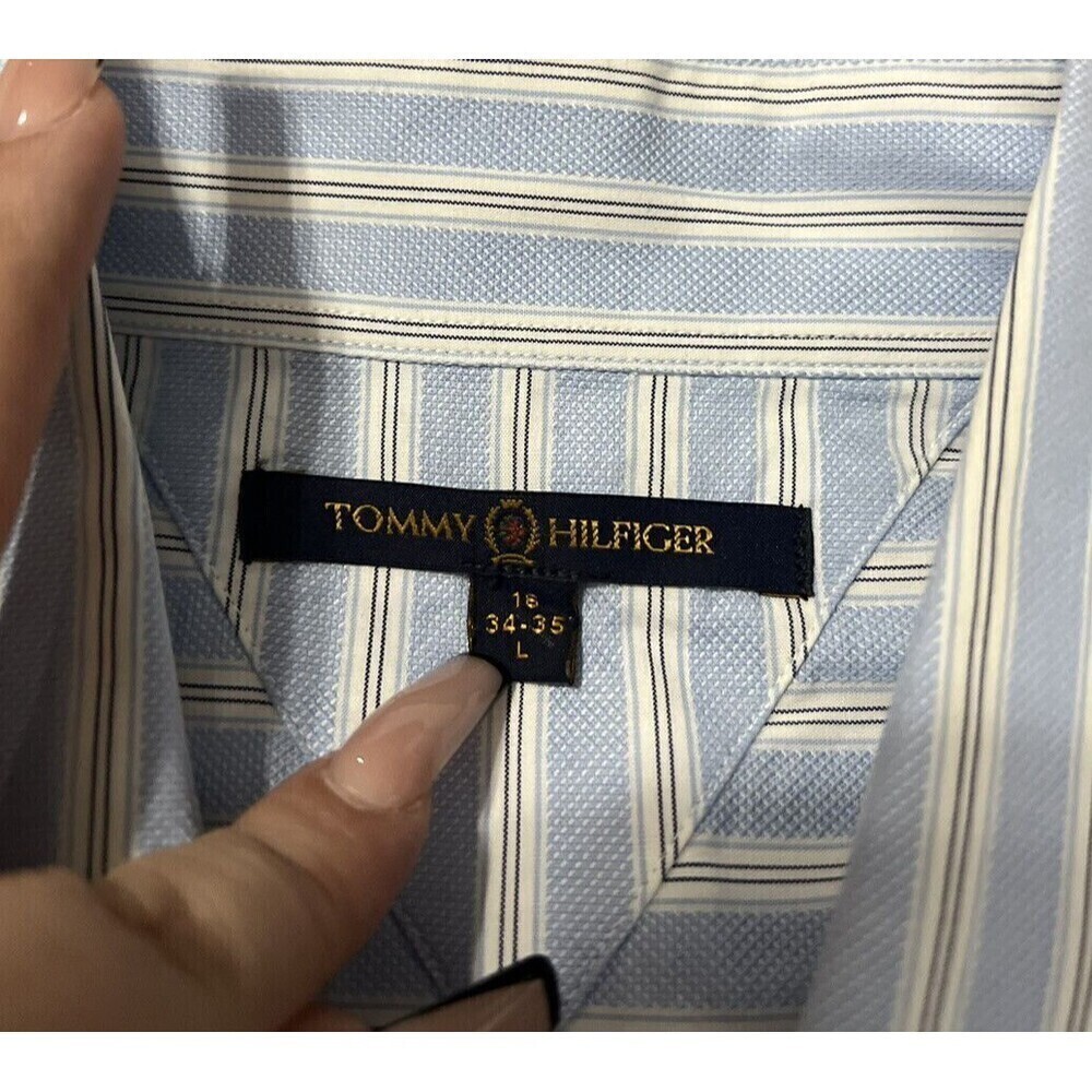vintage 90s Tommy Hilfiger  Button Down Collard Blue Striped Polo SZ L  34/35 - Picture 6 of 6
